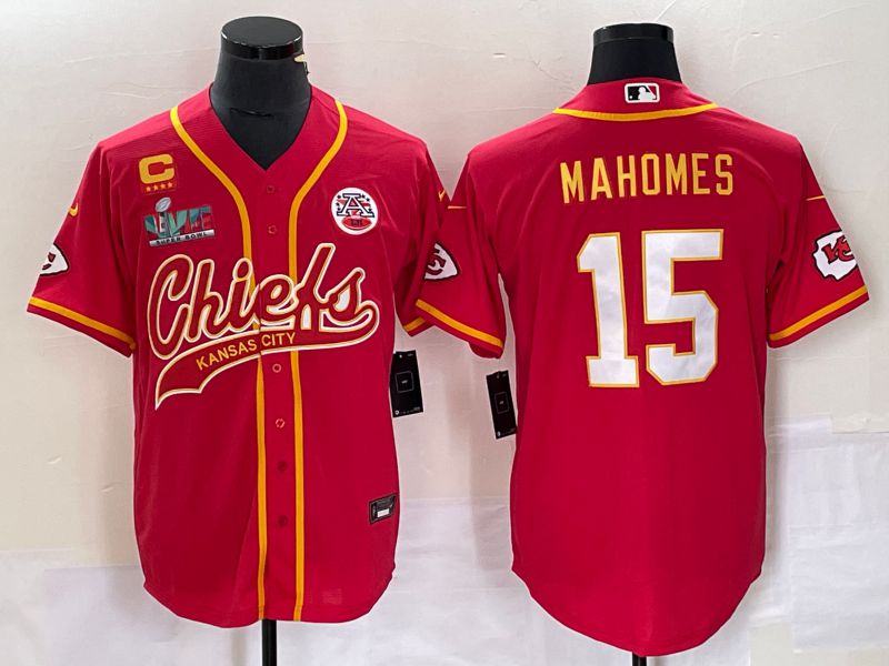 Men Kansas City Chiefs #15 Patrick Mahomes Nike Red gold Super Bowl LVII Patch  Co branded NFL Jersey